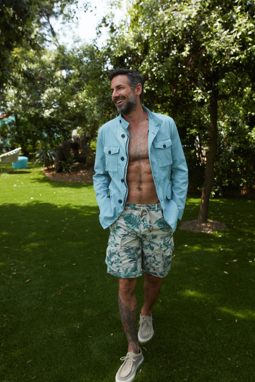 Cargo M74 Herren-Cargo-Bermuda aus Baumwolle mit Hawaii-Print in Tiffany-Farbe Relaxed Fit