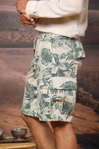 Cargo M74 Herren-Cargo-Bermuda aus Baumwolle mit Hawaii-Print in Tiffany-Farbe Relaxed Fit