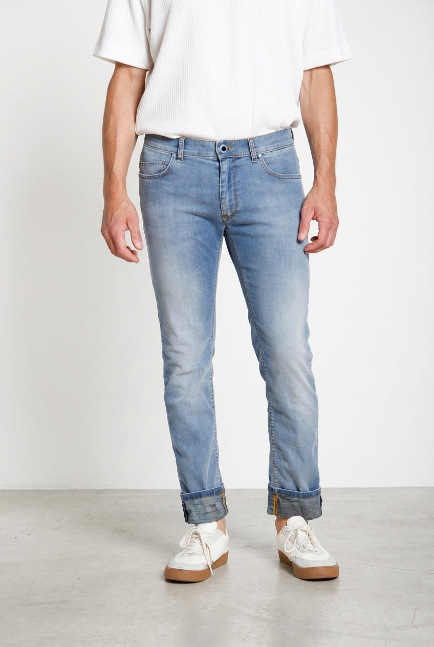 Harris pantalone 5 tasche uomo in denim lavaggio chiaro stampa Hawaii slim fit