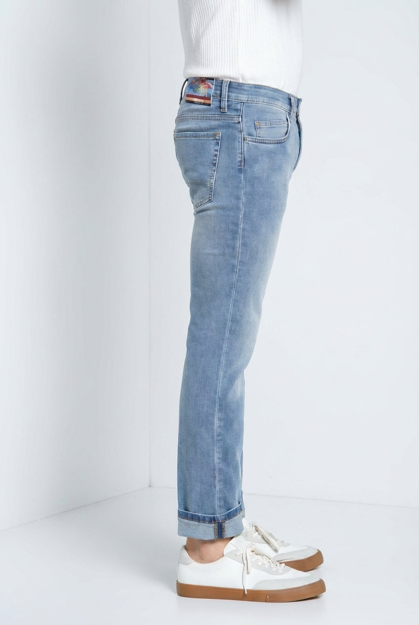 Harris pantalone 5 tasche uomo in denim lavaggio chiaro stampa Hawaii slim fit