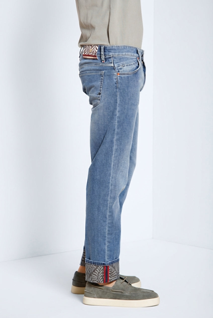 Harris pantalone 5 tasche uomo in denim con stampa foglie regular fit