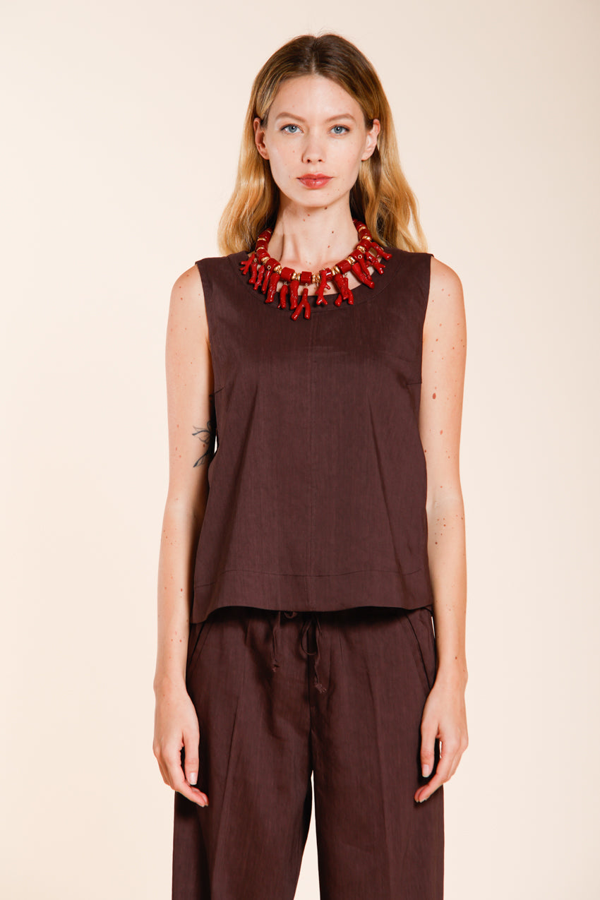 Nhabi camicia donna smanicata in tela misto lino e viscosa