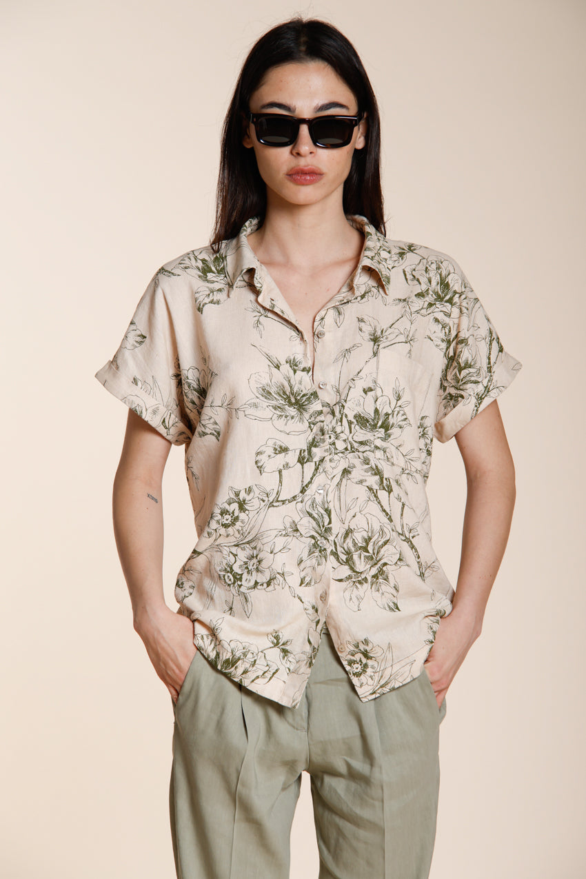 Livia Hemd Damen Kurzarm aus Canvas Leinen Viskose Mischung Blumenmuster