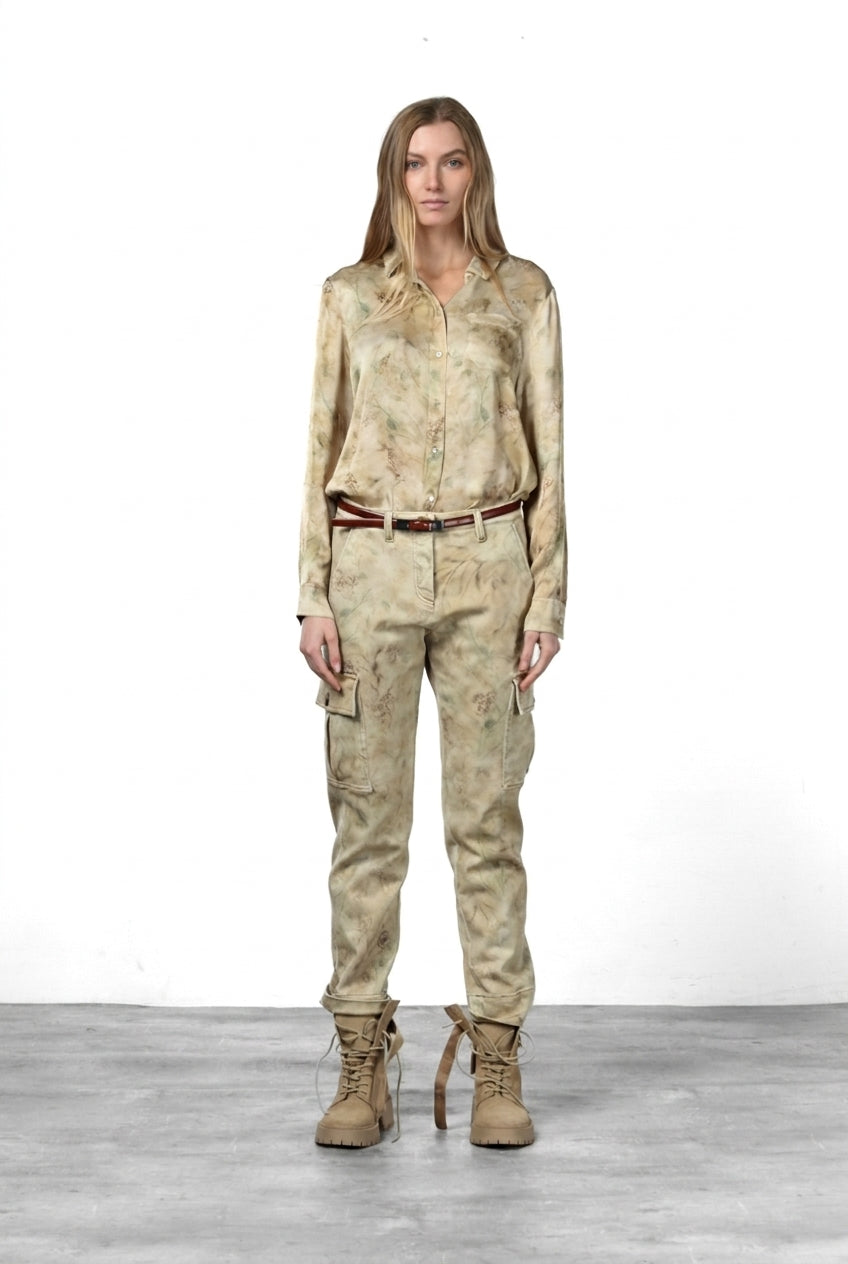 Marlene Cargo pantalone cargo donna in bull fantasia fiori sfumati carrot fit