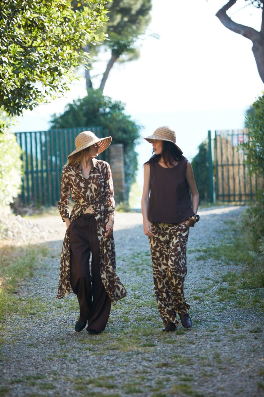 New York Cozy Straight pantalone chino jogger donna in mussola stampa ramage relaxed fit