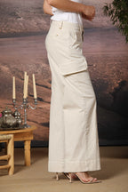 New York Studio pantalone cargo donna in panama fiammata in cotone wide leg