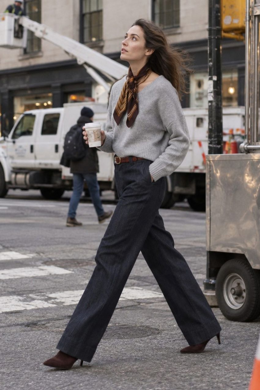 New York Wide Damen-Chinohose mit 5 Taschen aus Stretch-Denim, Wide Leg