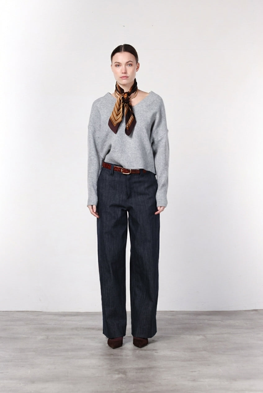 New York Wide pantalone chino 5 tasche donna in denim stretch wide leg