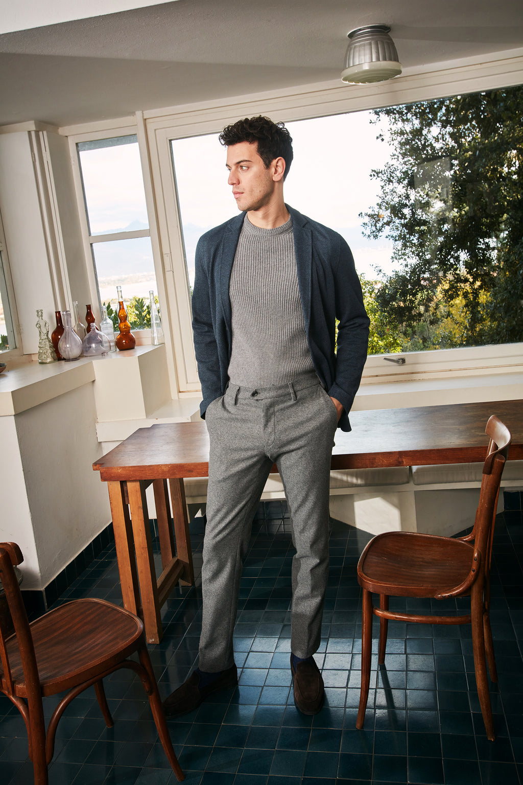 New York Sartoriale Herren Chino-Hose maßgeschneidert aus Flanell-Jersey Regular Fit