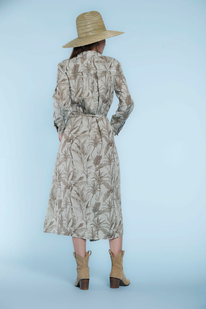Nicole Dress Langes Damenkleid aus bedrucktem Leinen mit Gürtel