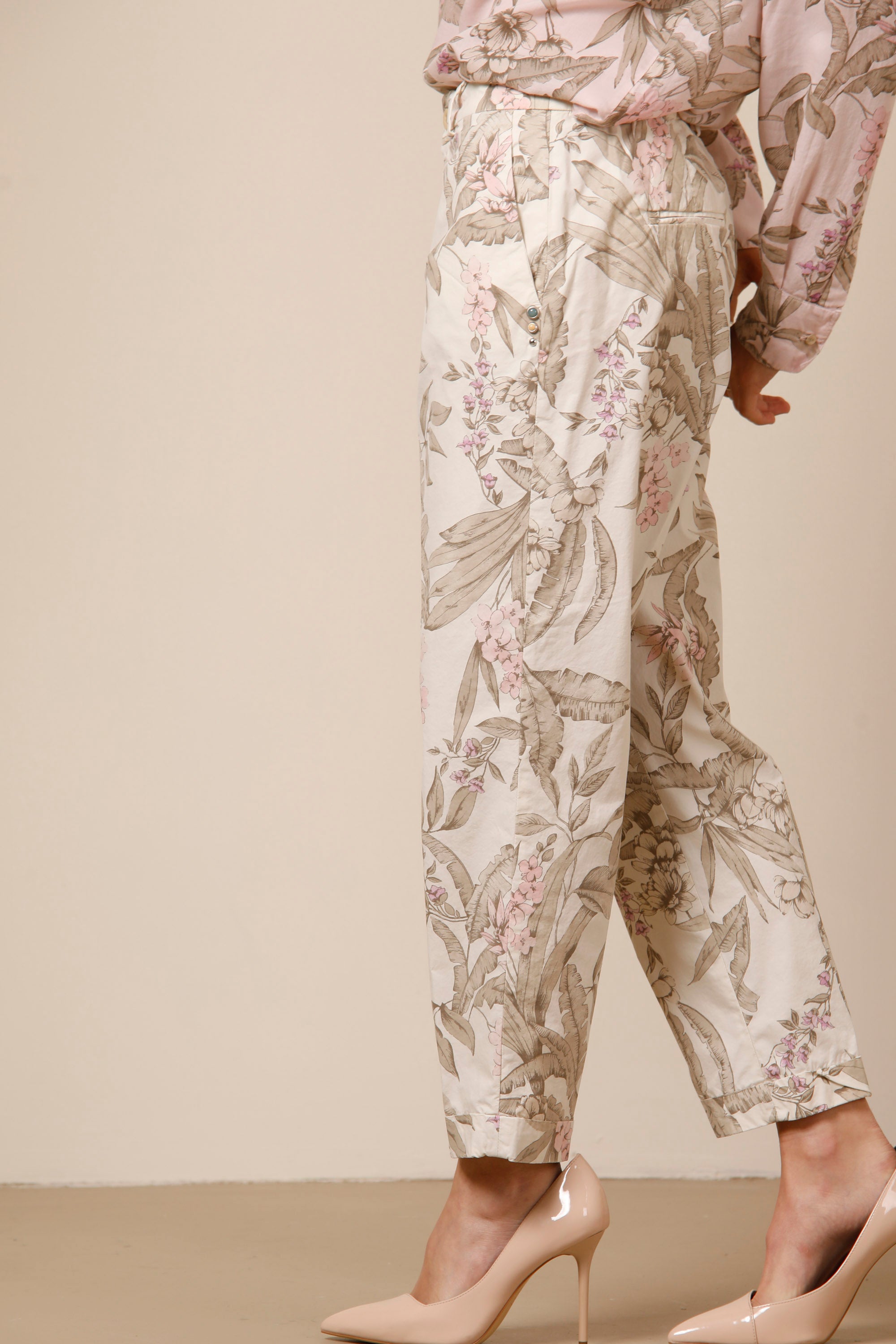 Linda Summer pantalone chino donna in tencel stampa fiore relaxed